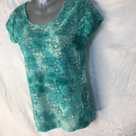 Rue 21 Fashion Lace Blouse Women's Size L Top Stylish Green Aqua Shirt Stretchy - Picture 7 of 14